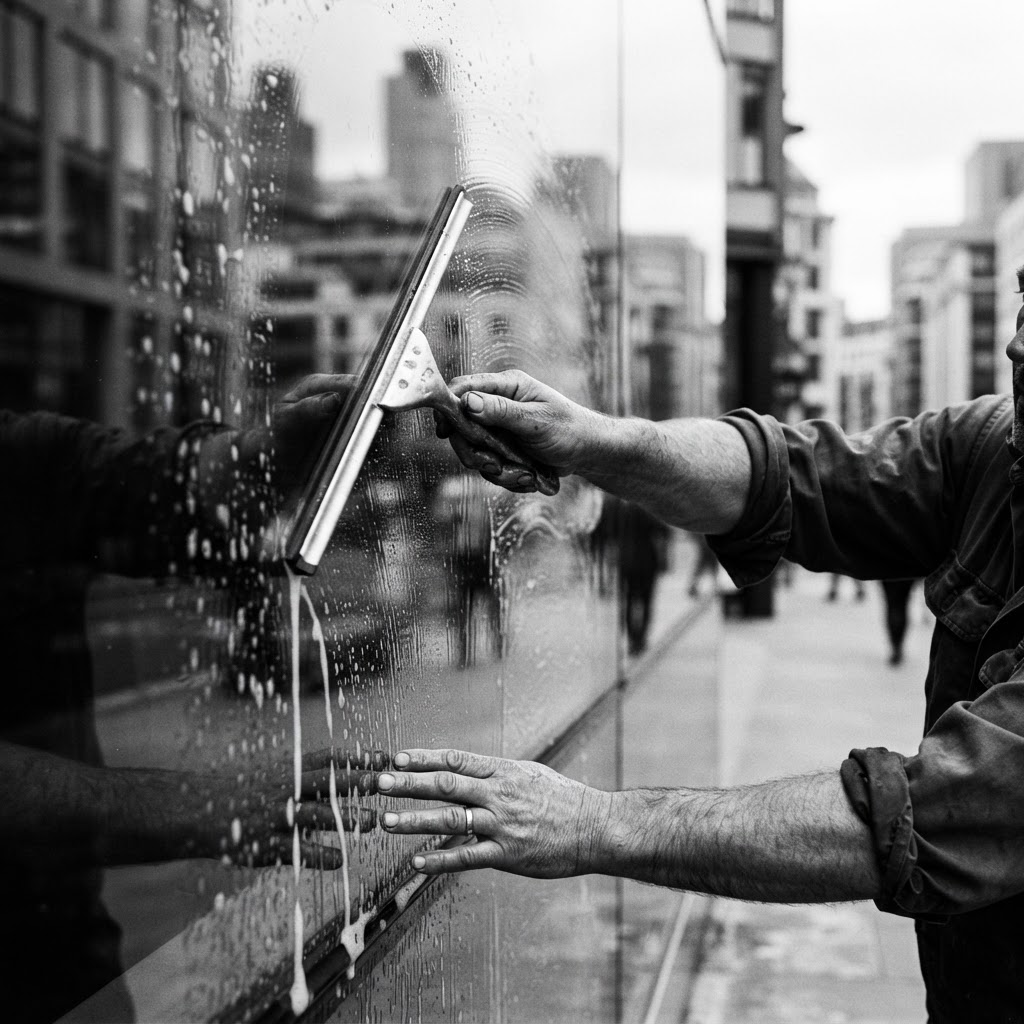 Cleaning a window by hand on an early job