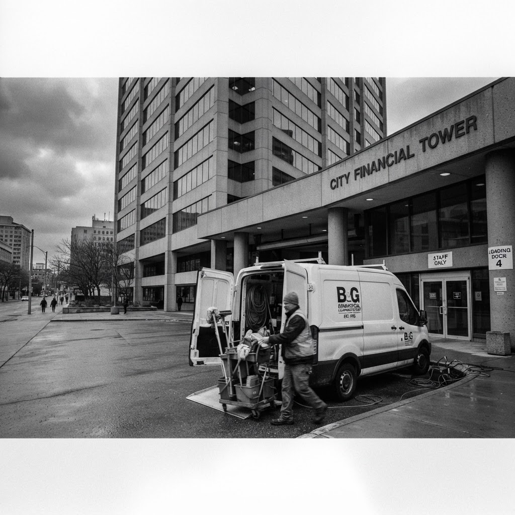 A service van outside a large commercial building at dawn